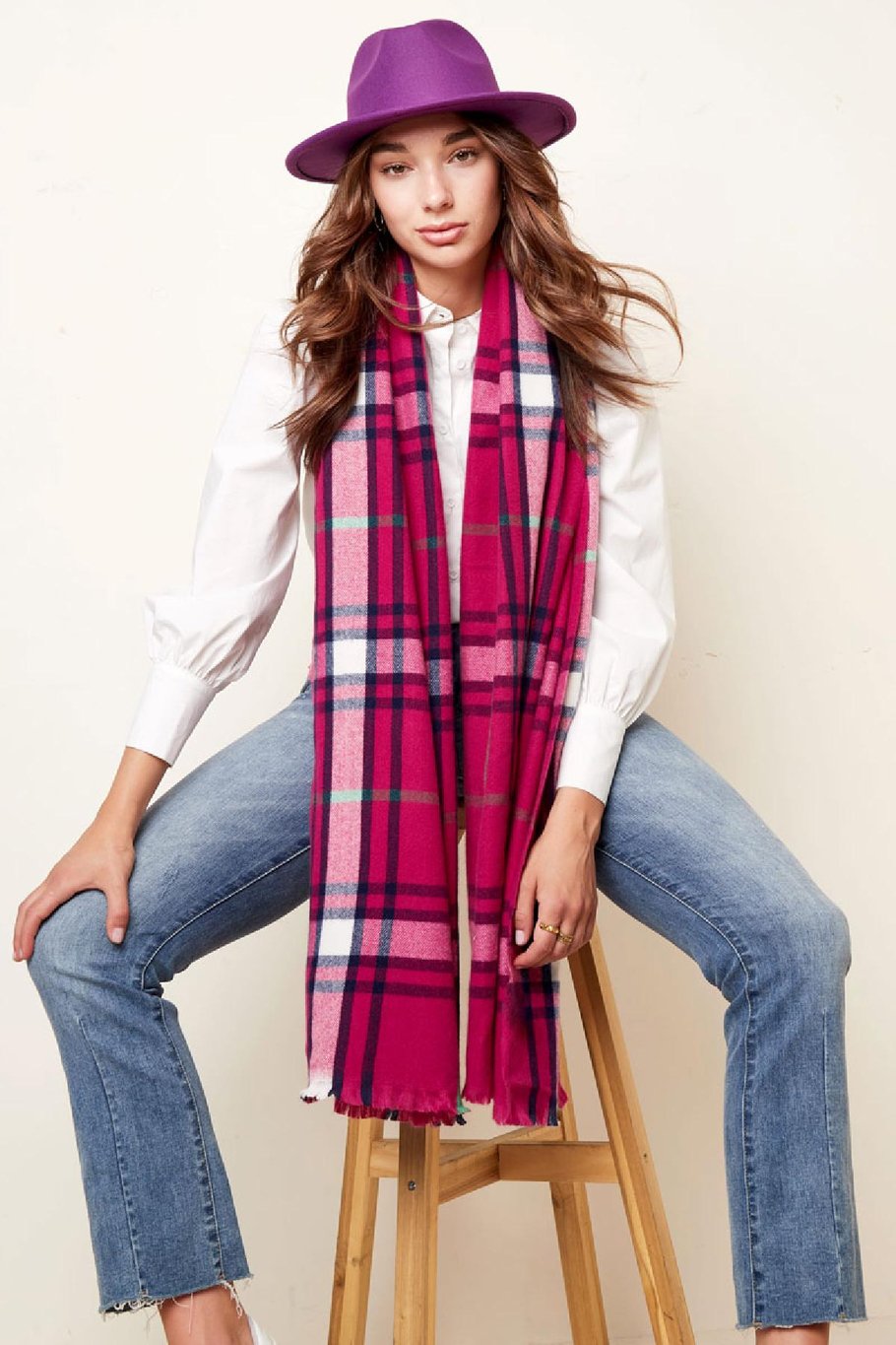 Checkered winter scarf with autumn colors Orange Acrylic Picture3